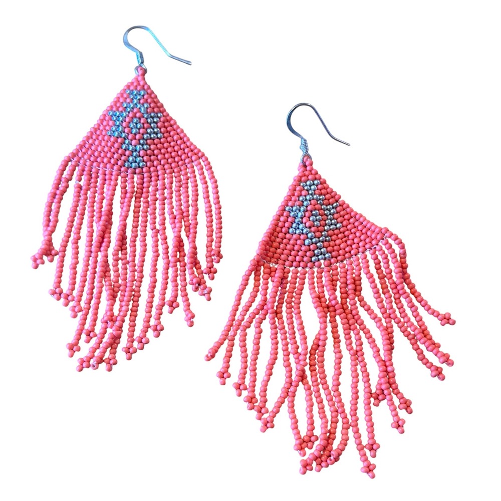 Beaded Fringe Earrings Women OS Coral Pink Blue EUC Southwestern Boho Statement